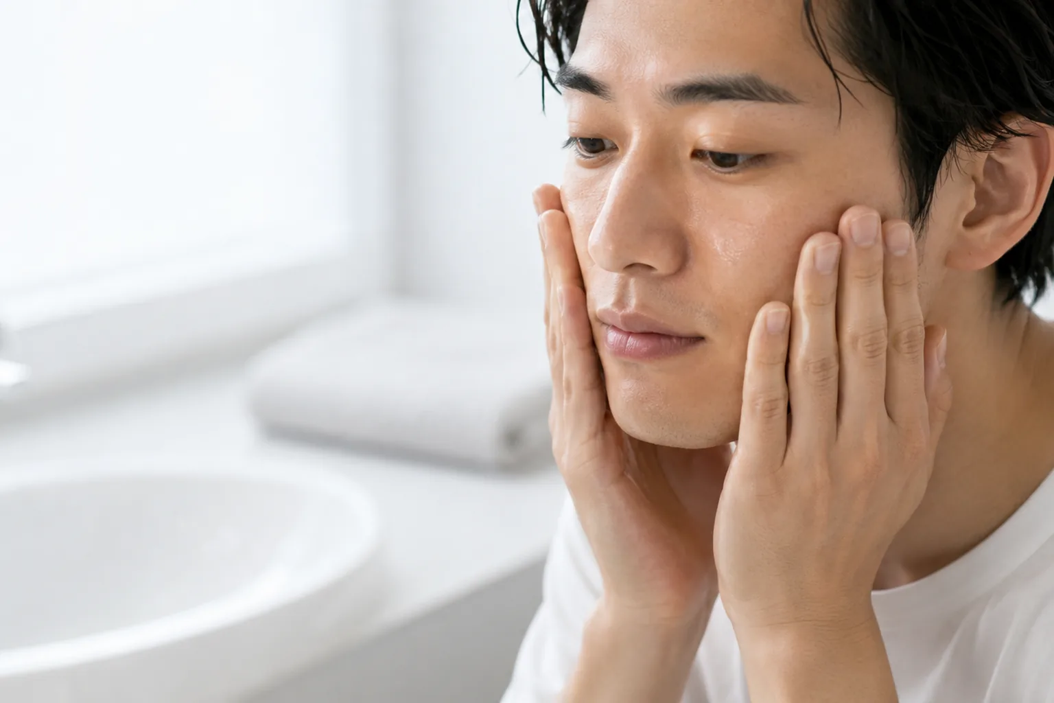 脂っぽい肌は洗顔だけで足りる?洗面台前で頬に触れる男性の写真